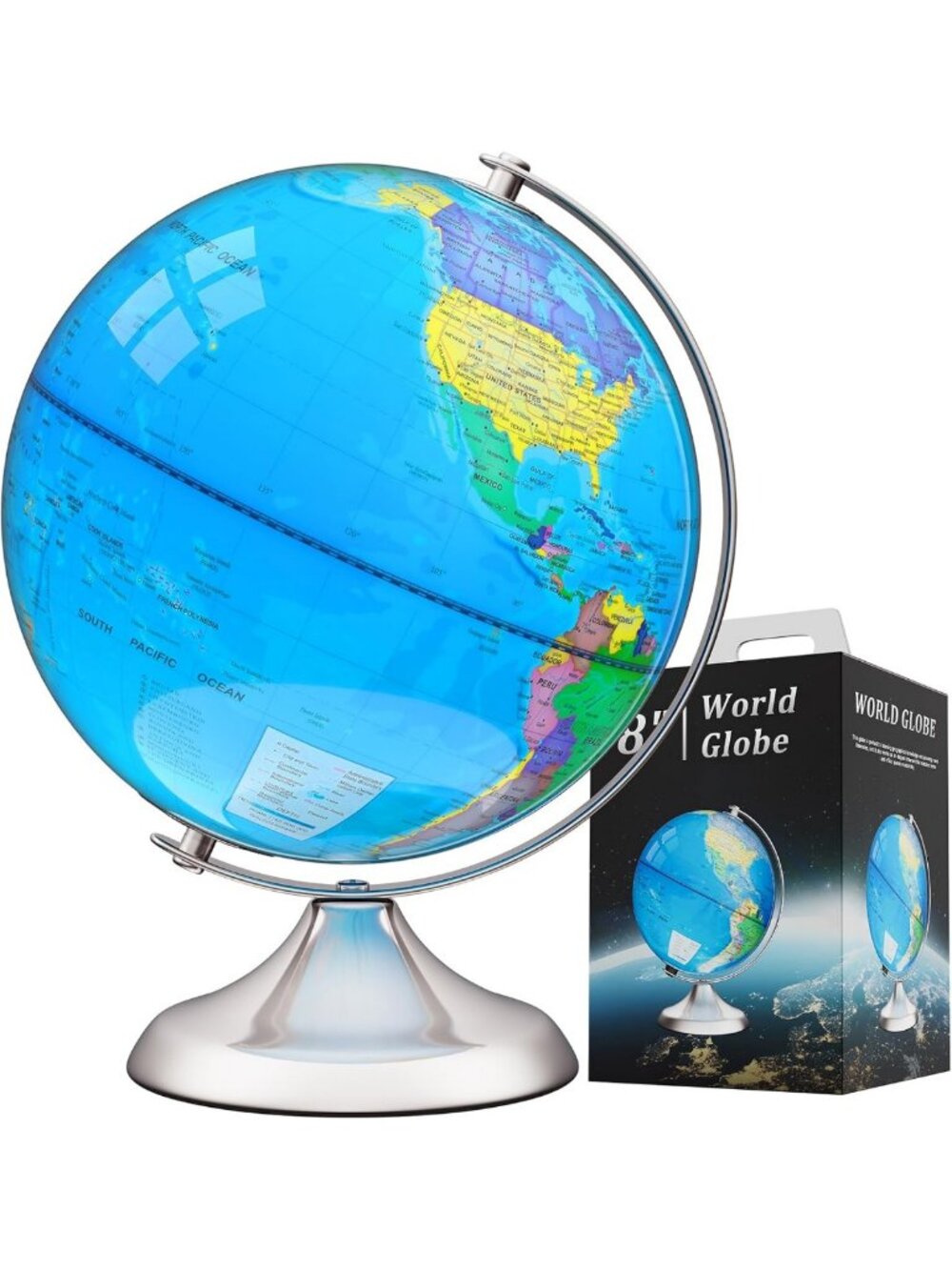 8-Inch Educational World Globe for Kids & Adults - Sturdy Metal Base